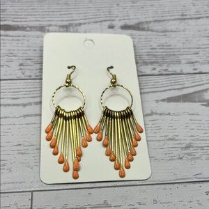 Gold and Orange Dangle Earrings Articulated Gold Tone